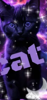 Black cat with cosmic purple background and stars.