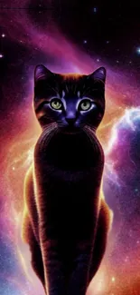 Silhouette of a cat in a colorful galaxy, creating a surreal cosmic scene.