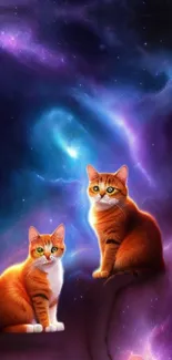 Two ginger cats sitting against a stunning galaxy background.