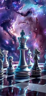 Fantasy chess set in a cosmic-themed galaxy backdrop.
