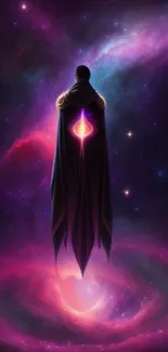 Cloaked figure standing in a vibrant galaxy with a cosmic backdrop.