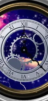 A cosmic clockwork wallpaper with celestial gears and a purple nebula backdrop.