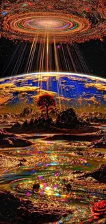 Vibrant cosmic landscape with galaxies and rivers.