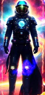 Futuristic astronaut stands in colorful cosmic universe.