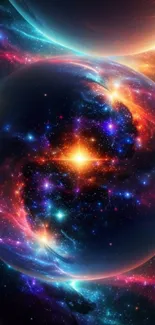 Dynamic cosmic vortex wallpaper with swirling galaxies and vibrant star clusters.