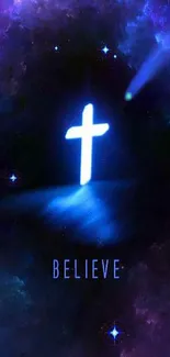 Galactic wallpaper featuring an illuminated cross with 'Believe' text.