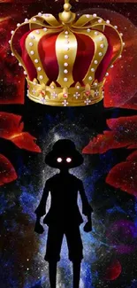 Silhouette with crown against cosmic background.