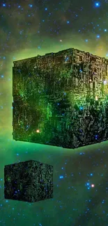 Futuristic green cube in a starry galaxy theme wallpaper.