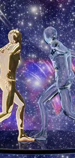 Gold and silver figures dance amid a vibrant space backdrop.