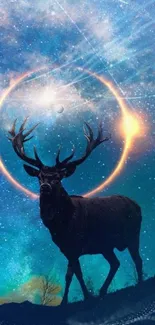 Majestic deer under a cosmic galaxy sky with glowing rings.