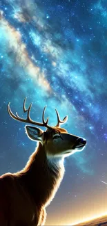 Deer gazing at a vibrant galaxy night sky.