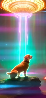 Dog gazing at glowing spaceship in a neon sci-fi fantasy scene.