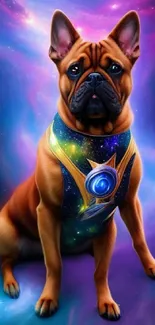 Galactic French Bulldog in a cosmic space-themed mobile wallpaper.