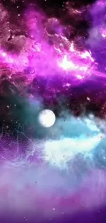 Vibrant galactic wallpaper with a mystical purple nebula and glowing celestial elements.