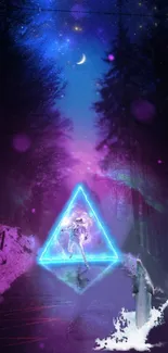 Surreal wallpaper with neon triangle and cosmic scenery.