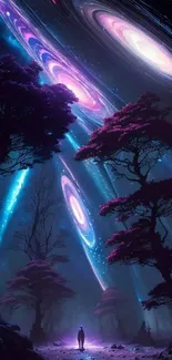 Fantasy galaxy dreamscape with towering trees and neon galaxies.