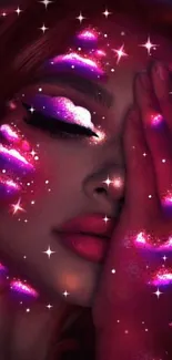 Surreal wallpaper with neon pink and celestial makeup glow.