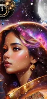 Mystical woman with cosmic background and vibrant galaxy colors.