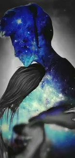 Silhouette couple in a galactic embrace under a starry cosmic sky.