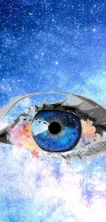 Galactic themed eye digital art wallpaper in vibrant blue tones.