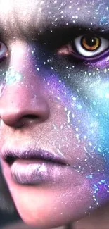 Digital art depicting a cosmic face with galactic colors and unique features.