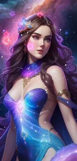 Mystical woman in a galactic, fantasy-themed mobile wallpaper.