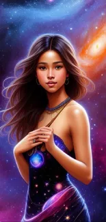 Fantasy woman amidst a vibrant galactic background with cosmic elements.