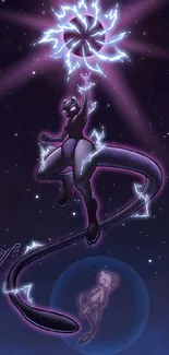 Fantasy character in a cosmic galaxy with glowing energy and purple hues.