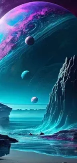 Surreal space scene featuring vibrant planets and a cosmic landscape with purple hues.