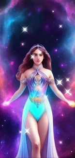 Fantasy goddess in a purple cosmic galaxy wallpaper.