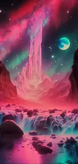 Fantasy galaxy wallpaper with pink hues and vibrant nightscape.