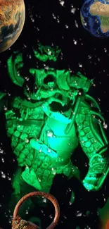 Neon green warrior in space with planets overhead.