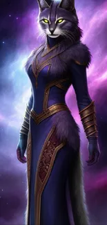 Feline warrior in a cosmic purple space with glowing eyes.