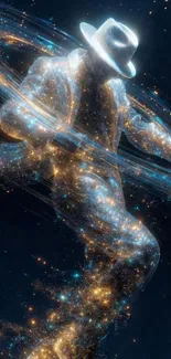 A cosmic figure surrounded by luminous stardust, set against a dark sky.