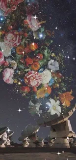 Floral arrangement flows from satellites into a starry galaxy background.