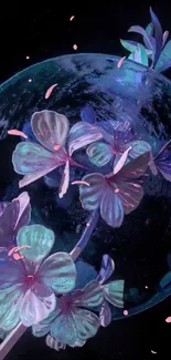 Vibrant purple flowers in a cosmic scene with glowing ethereal elements.