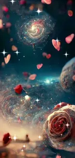 Cosmic scene with galaxies and rose petals in deep blue and pink hues.