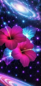 Hibiscus flowers and galaxies in a cosmic dreamscape wallpaper.