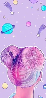 Illustration of a pastel-haired girl with cosmic background.