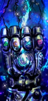 Futuristic glove with cosmic design and neon blue glow.