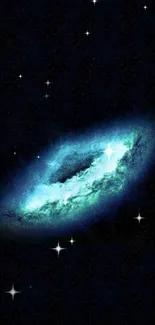 Blue galaxy glowing in space on a dark mobile wallpaper.