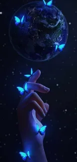 A hand reaches for the starry galaxy with glowing blue butterflies.