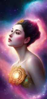 A celestial goddess in vibrant cosmic hues surrounded by a galactic backdrop.