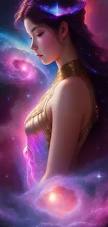 Galactic goddess amidst a vibrant, colorful galaxy with stars and nebulae.