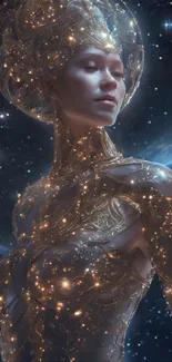 Futuristic goddess adorned with cosmic lights in space.