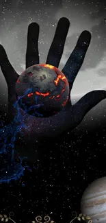 A cosmic hand holding a vibrant, fiery planet against a galactic background.