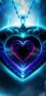 Glowing heart pendant with cosmic galaxy background in neon blue hues.