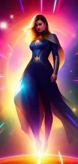 A female cosmic heroine stands on a glowing planet in vibrant interstellar artwork.