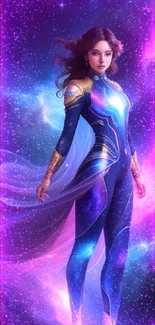 Galactic heroine in a vibrant cosmic nebula with stars.