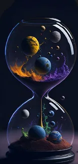 Fantasy hourglass with glowing planets and cosmic colors.